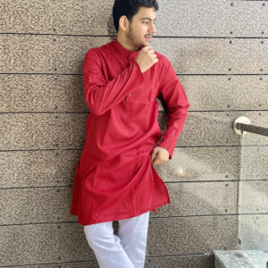 Men's Red Cotton Plain Kurta With Pajama