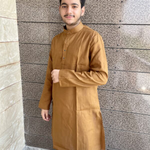 Men's Brown Cotton Plain Kurta With White Pajama