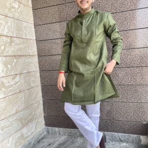 Men's Green Cotton Plain Kurta With White Pajama