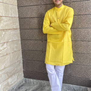 Men's Yellow Cotton Plain Kurta With White Pajama