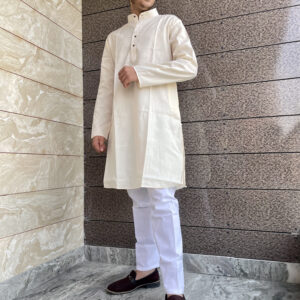 Men's Cream Cotton Plain Kurta With White Pajama