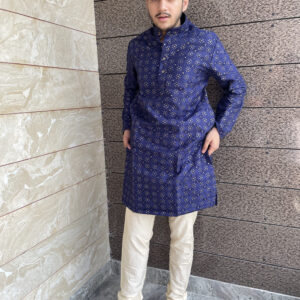 Men's Blue Cotton  Fancy Kurta With Golden Pajami