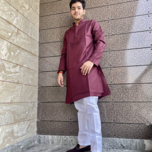 Men's Maroon Cotton Plain Kurta With White Pajama